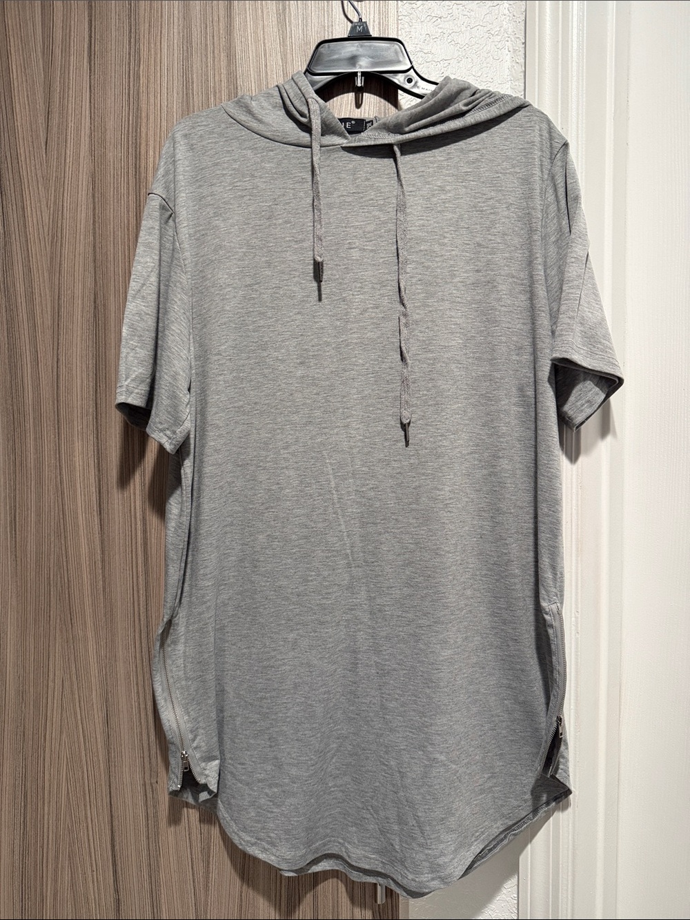 Gray Short-Sleeve Hooded Tee with Side Zips
